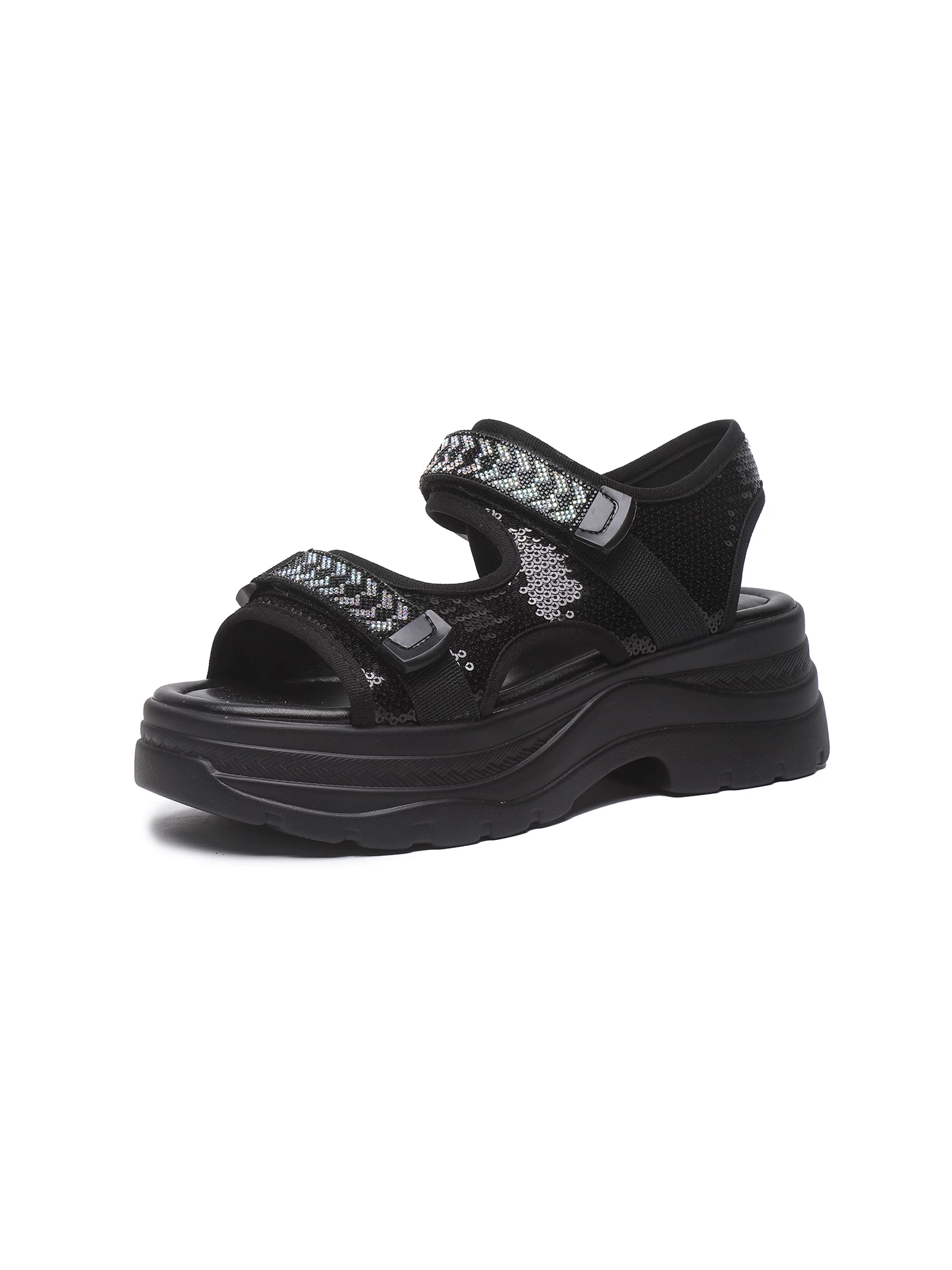 Dép thể thao Velcro dành cho nữ, giày La Mã đế dày đính sequin, giày đi biển hở mũi thông thường ngoài trời mới mùa hè 2026