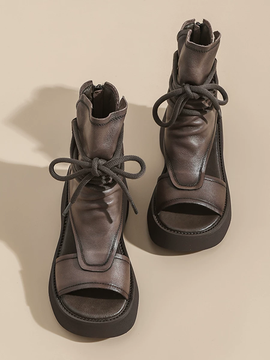 Giày sandal cao cổ kiểu La Mã bằng da thật dành cho nữ, giày bốt Martin đế dày miệng cá, sandal khoét lỗ kiểu mới mùa hè 2026.