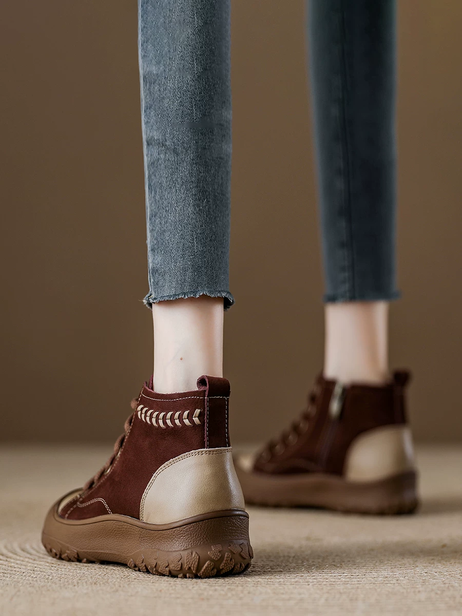 Giày thể thao nữ cổ cao đế dày kiểu mới thu đông 2025, boots da nâu retro, boots cổ ngắn phong cách casual
