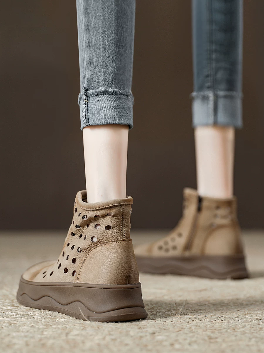 Giày sandal cao cổ nữ đế dày, kiểu boot La Mã khoét lỗ, mẫu mới hè 2026, giày bốt ngắn da thật thoáng khí dành cho nữ.