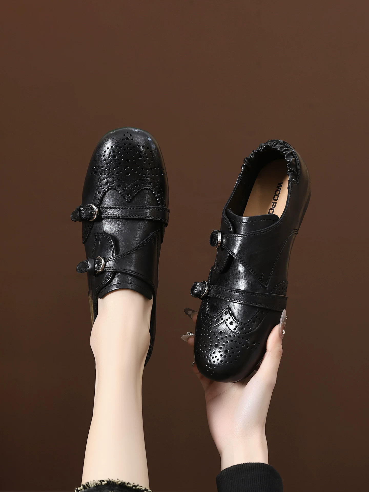 Giày da brogue khắc họa tiết cổ điển bằng da ngựa dành cho nữ, kiểu mới mùa xuân 2026, giày monk phong cách Anh, giày lười Oxford