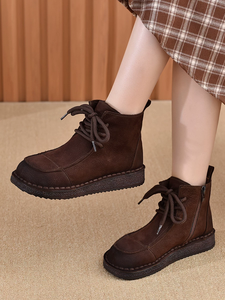 Giày bốt Martin da bò retro nữ, đế mềm, thoải mái, lót lông cừu, giữ ấm, kiểu mới thu 2025, giày bốt ngắn da thật phong cách thường ngày.