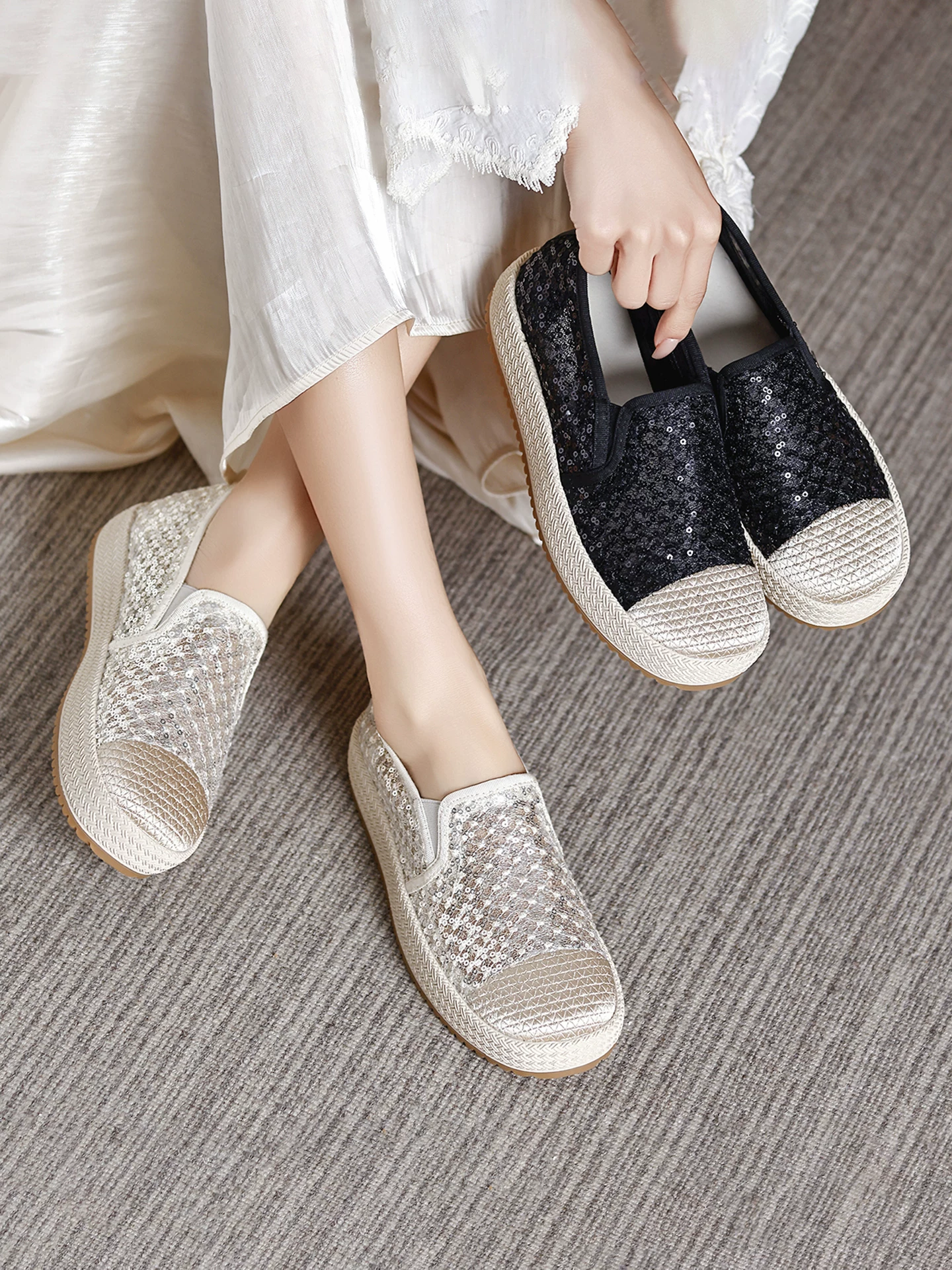 Giày lười lưới đính sequin cho nữ, đế dày, kiểu xỏ chân, giày mùa hè 2026 mỏng thoáng khí, phong cách thường ngày