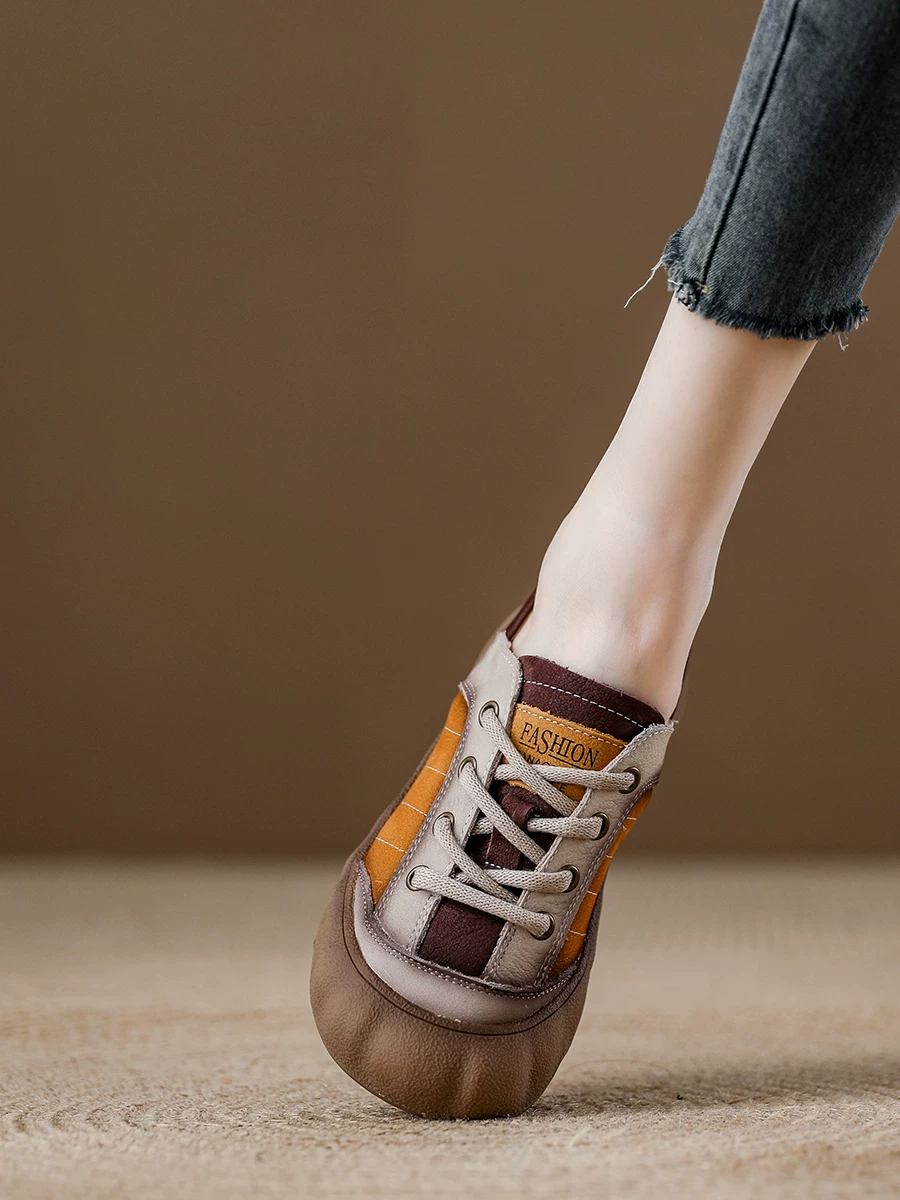 Giày thể thao nữ da bò lớp đầu phối màu retro, đế mềm êm chân, kiểu mới thu 2025, giày casual hai kiểu mang.