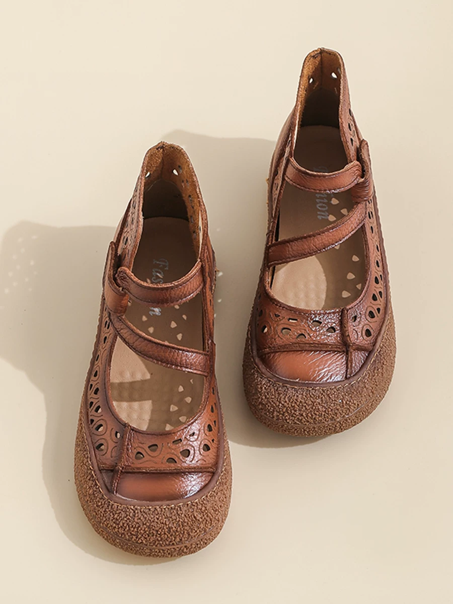 Giày sandal bít mũi khoét lỗ dành cho nữ, da thật, phong cách La Mã cổ điển, giày bốt cao cổ đục lỗ thoáng khí mới mùa hè 2026.