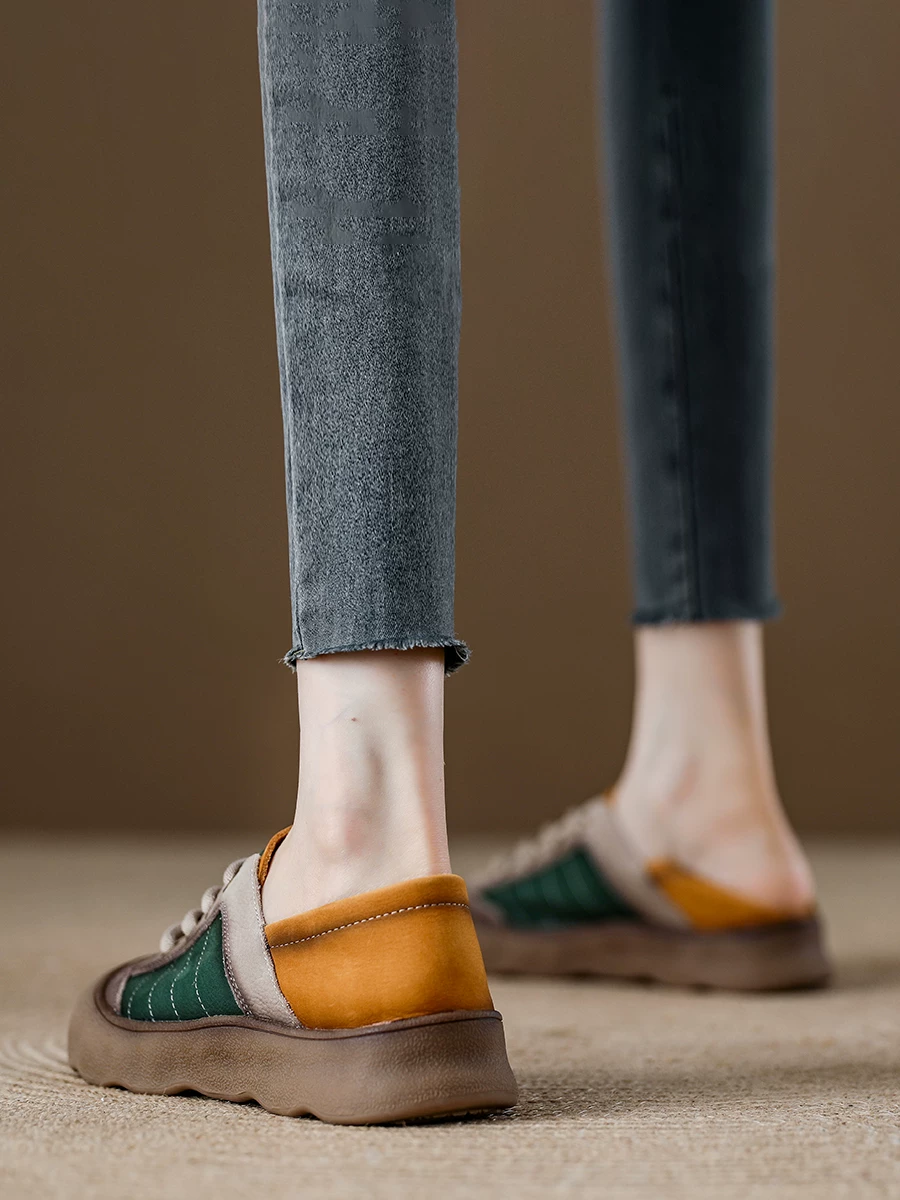Giày thể thao nữ da bò lớp đầu phối màu retro, đế mềm êm chân, kiểu mới thu 2025, giày casual hai kiểu mang.