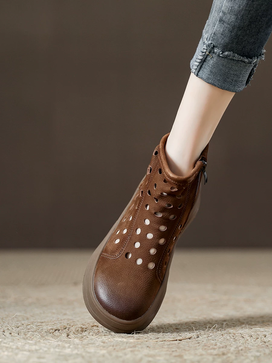 Giày sandal cao cổ nữ đế dày, kiểu boot La Mã khoét lỗ, mẫu mới hè 2026, giày bốt ngắn da thật thoáng khí dành cho nữ.