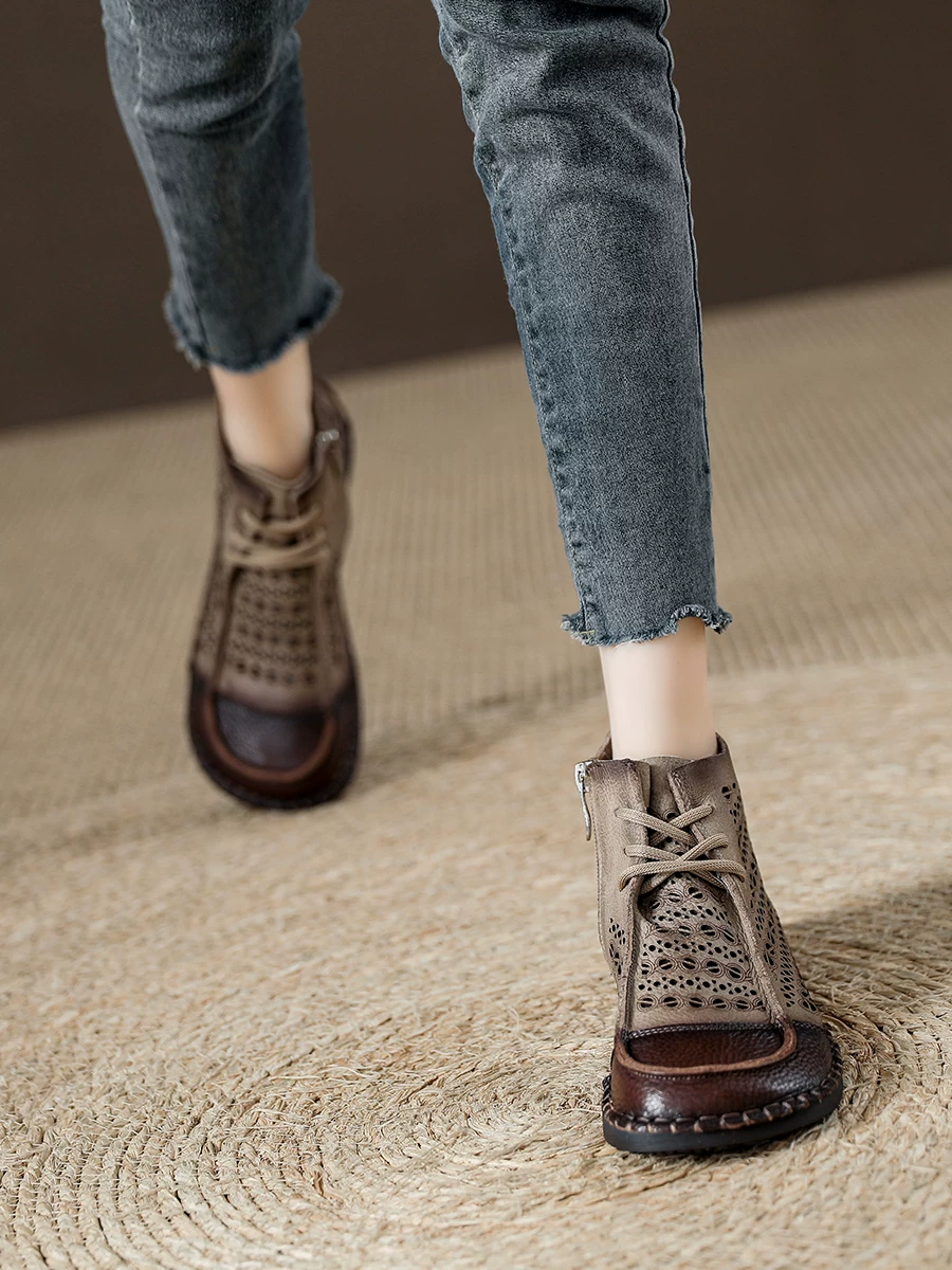 Giày bốt Martin da bò retro khoét lỗ dành cho nữ, kiểu mới hè 2026, chất liệu da thật, đế mềm, sandal cao cổ, giày bốt đục lỗ thời trang.