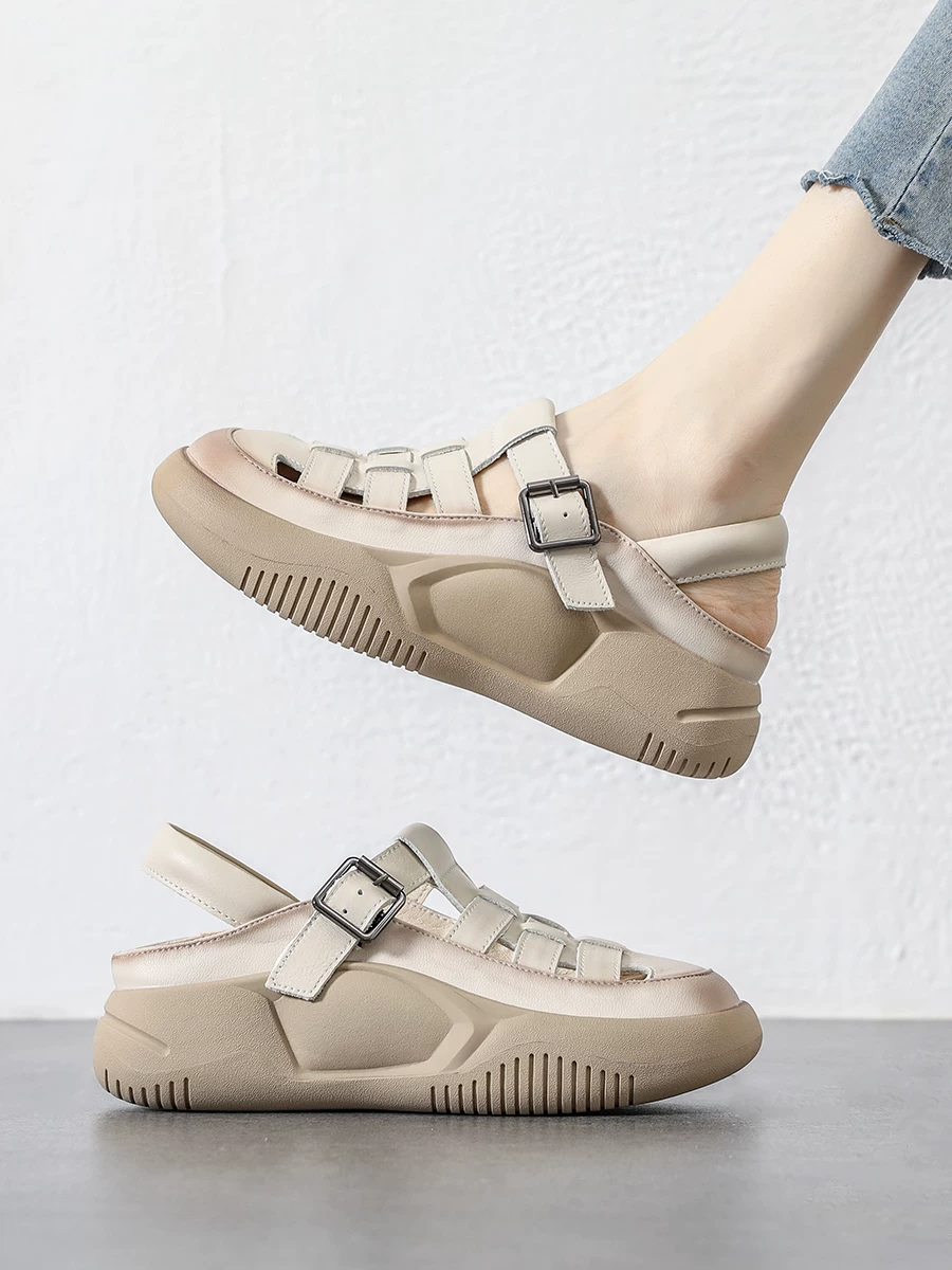 Giày sandal hở mũi khoét lỗ dành cho nữ, giày La Mã đế dày bằng da thật, giày thể thao thông thường thoáng khí mới mùa hè 2026 dành cho nữ.