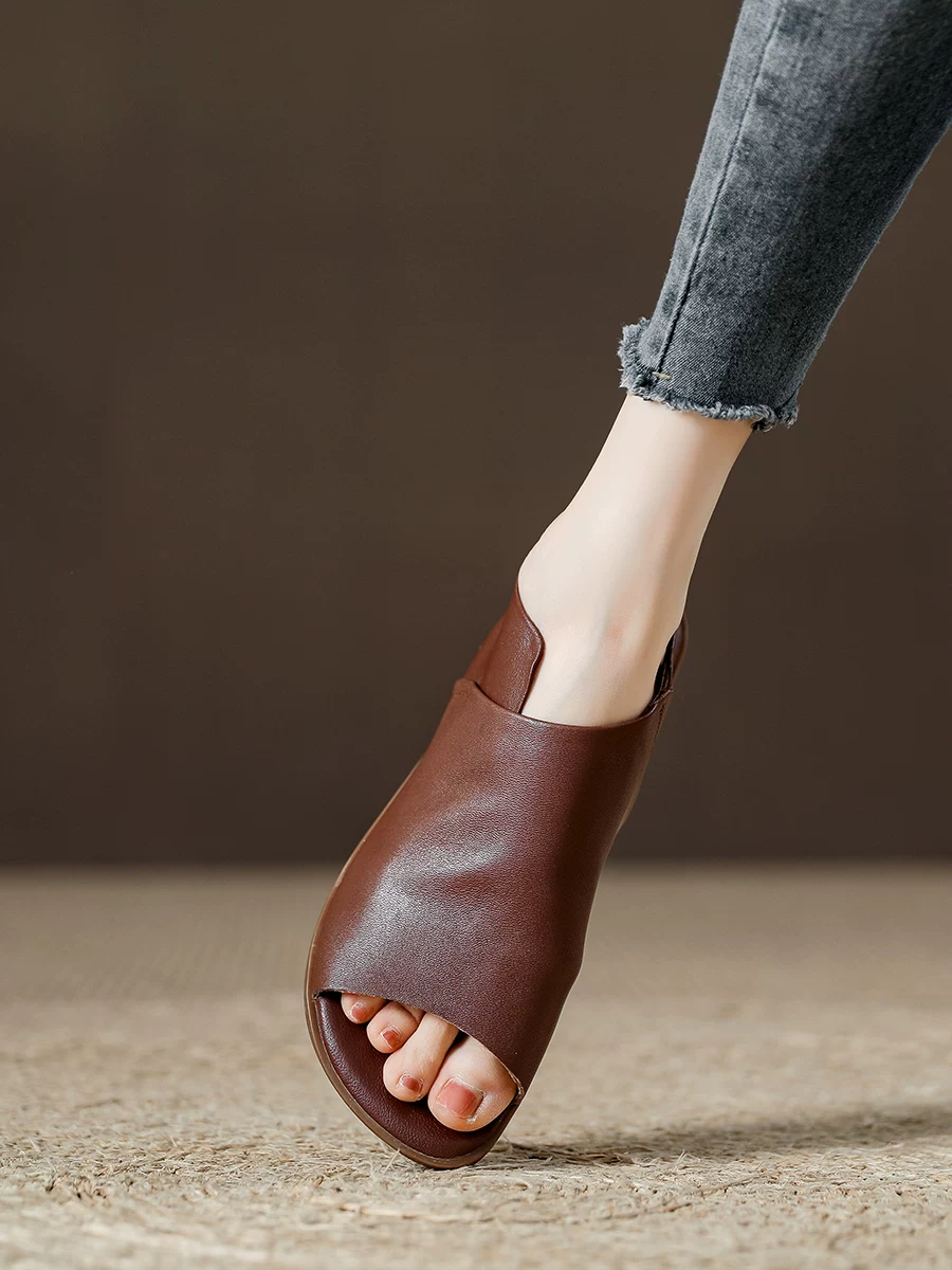 Giày sandal nữ da thật đế mềm hở mũi kiểu miệng cá, mẫu mới hè 2026, giày La Mã da bò retro phong cách giản dị, hở gót khoét lỗ.