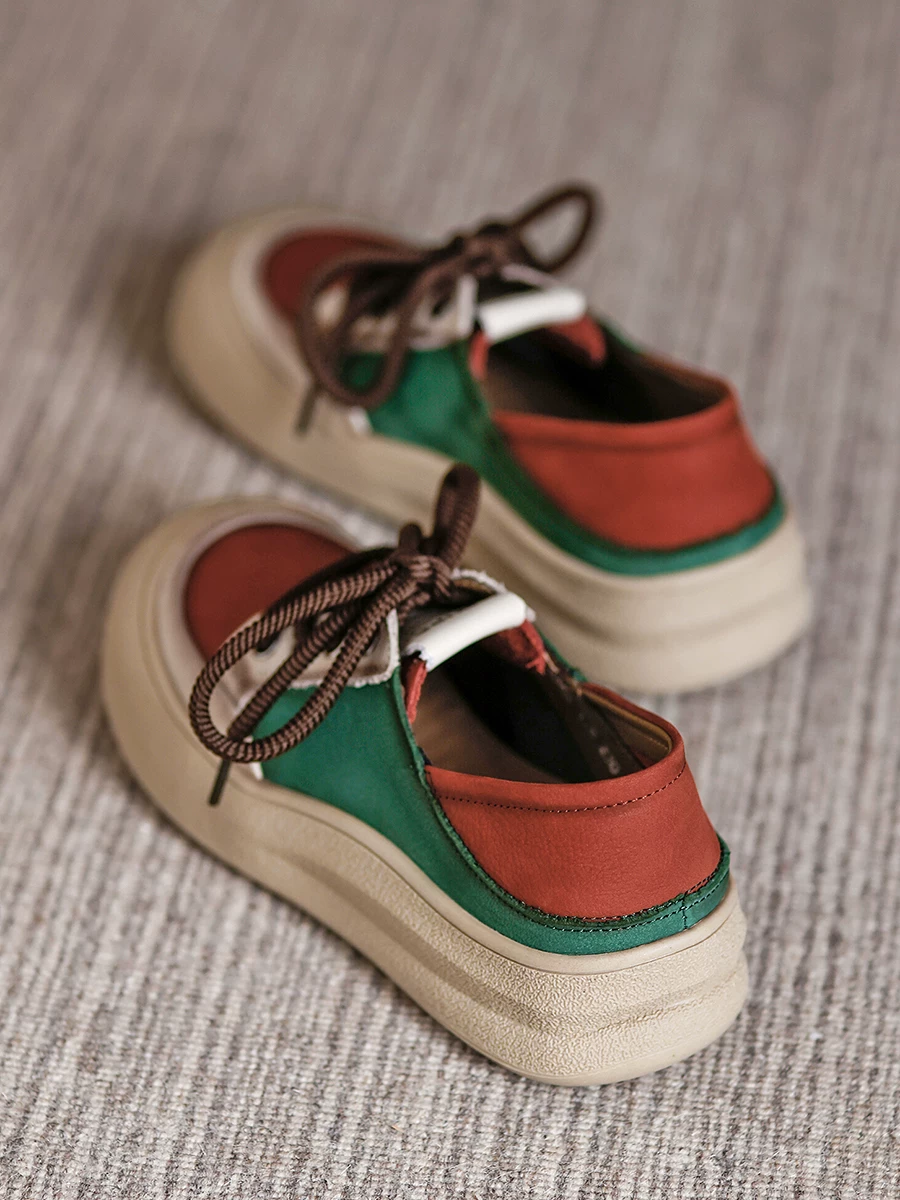 Giày thể thao nữ da bò phối màu retro, giày casual đa năng, kiểu mới thu 2025, giày nữ da thật, đế mềm, giày bệt hai kiểu mang.