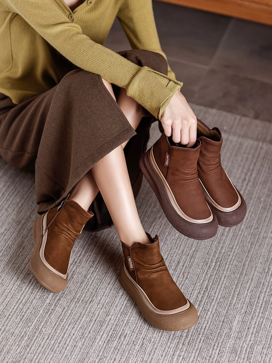 Giày bốt ngắn Birkenstock da bò nâu cổ điển dành cho nữ, kiểu mới thu đông 2025, da thật, đế mềm, lót lông cừu, kiểu dáng Martin xếp ly, thoải mái.