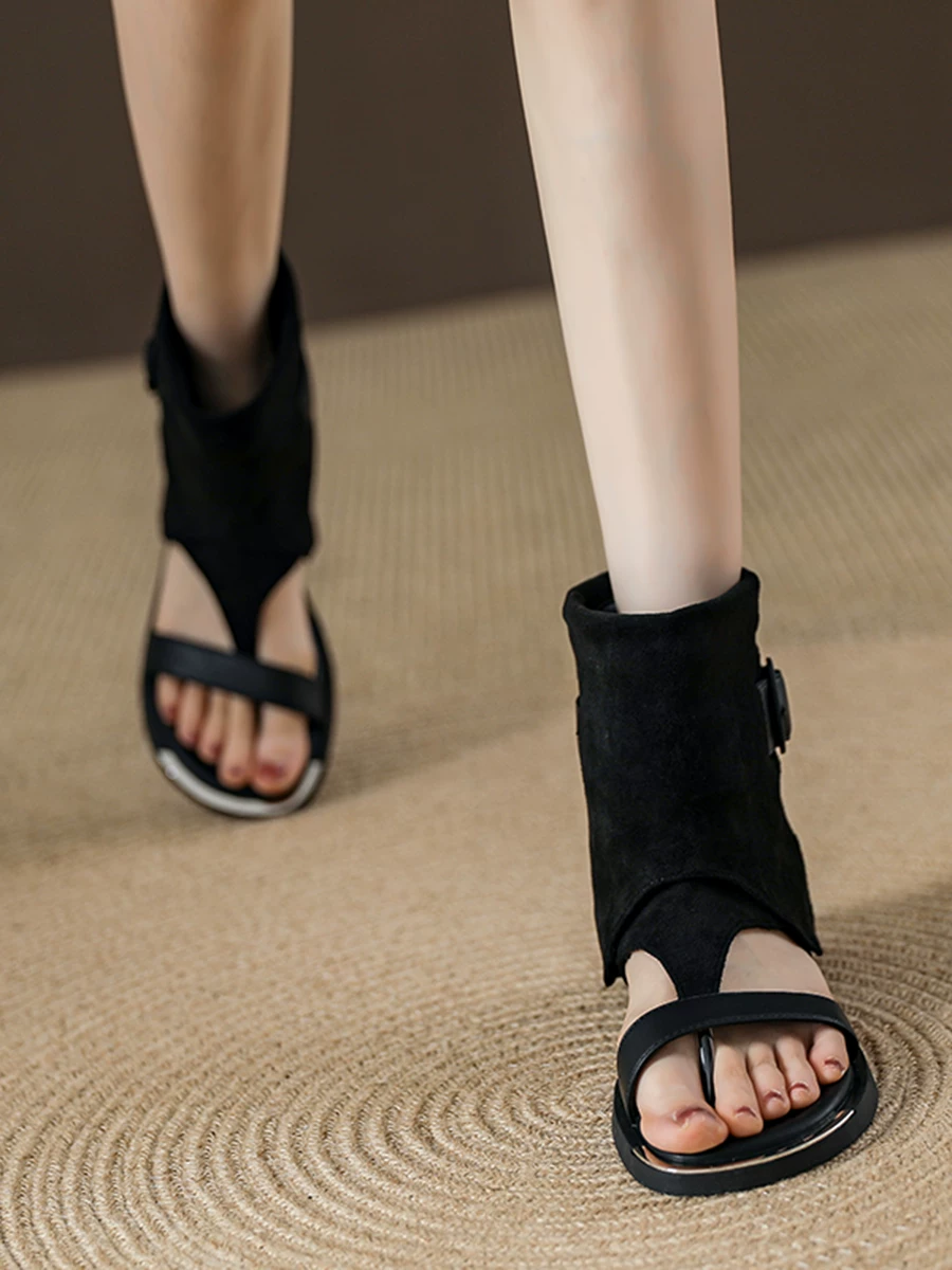 Giày sandal cao cổ nữ kiểu La Mã có kẹp ngón chân, mẫu mới hè 2026, giày bốt ngắn cao bồi miền Tây du lịch Tân Cương.
