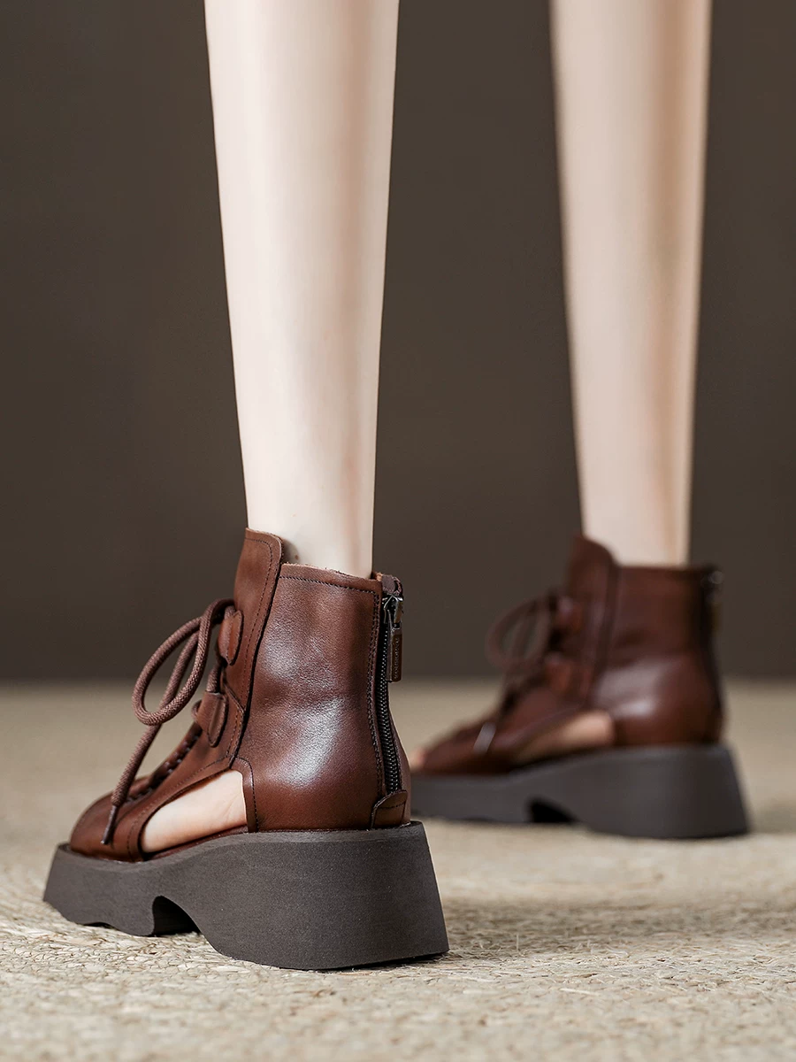 Giày sandal cao cổ đế dày dành cho nữ, giày La Mã da cổ điển, phong cách mới mùa hè 2026, sandal buộc dây thoáng khí.