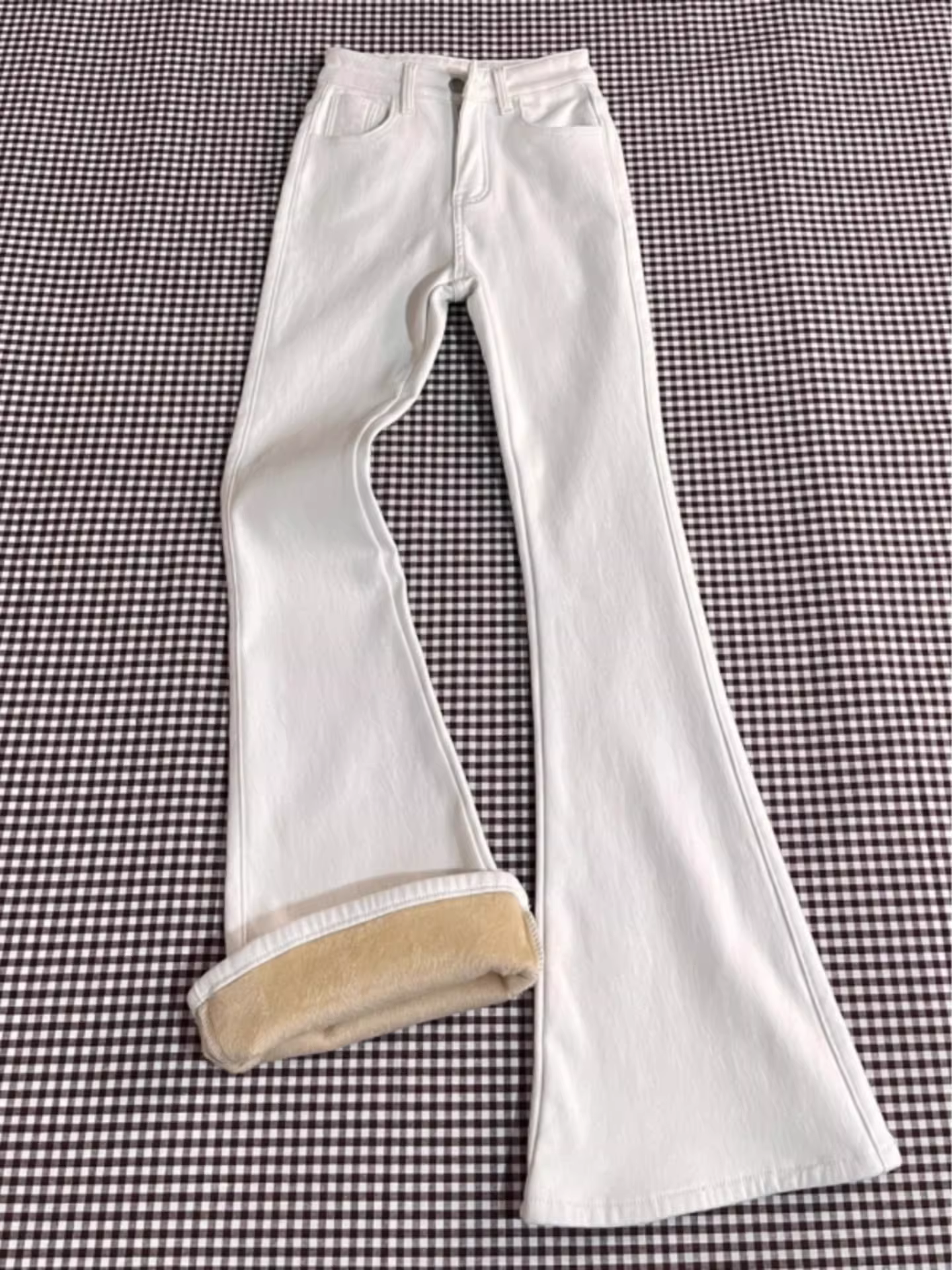 Quần jeans ống loe lót lông trắng La Chapelle dành cho nữ, mẫu mới thu đông 2025, kiểu dáng ôm sát, ống chuông