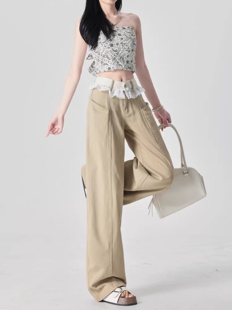 Quần jeans ống đứng màu kaki La Chapelle dành cho nữ, quần ống rộng phối ren lưng cao mới mùa thu 2025