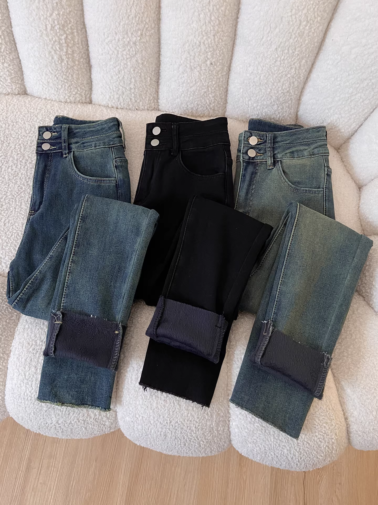 Quần jean nữ La Chapelle kiểu dáng retro, lót lông dày, ôm sát, cạp cao, tôn dáng, mùa thu đông 2025