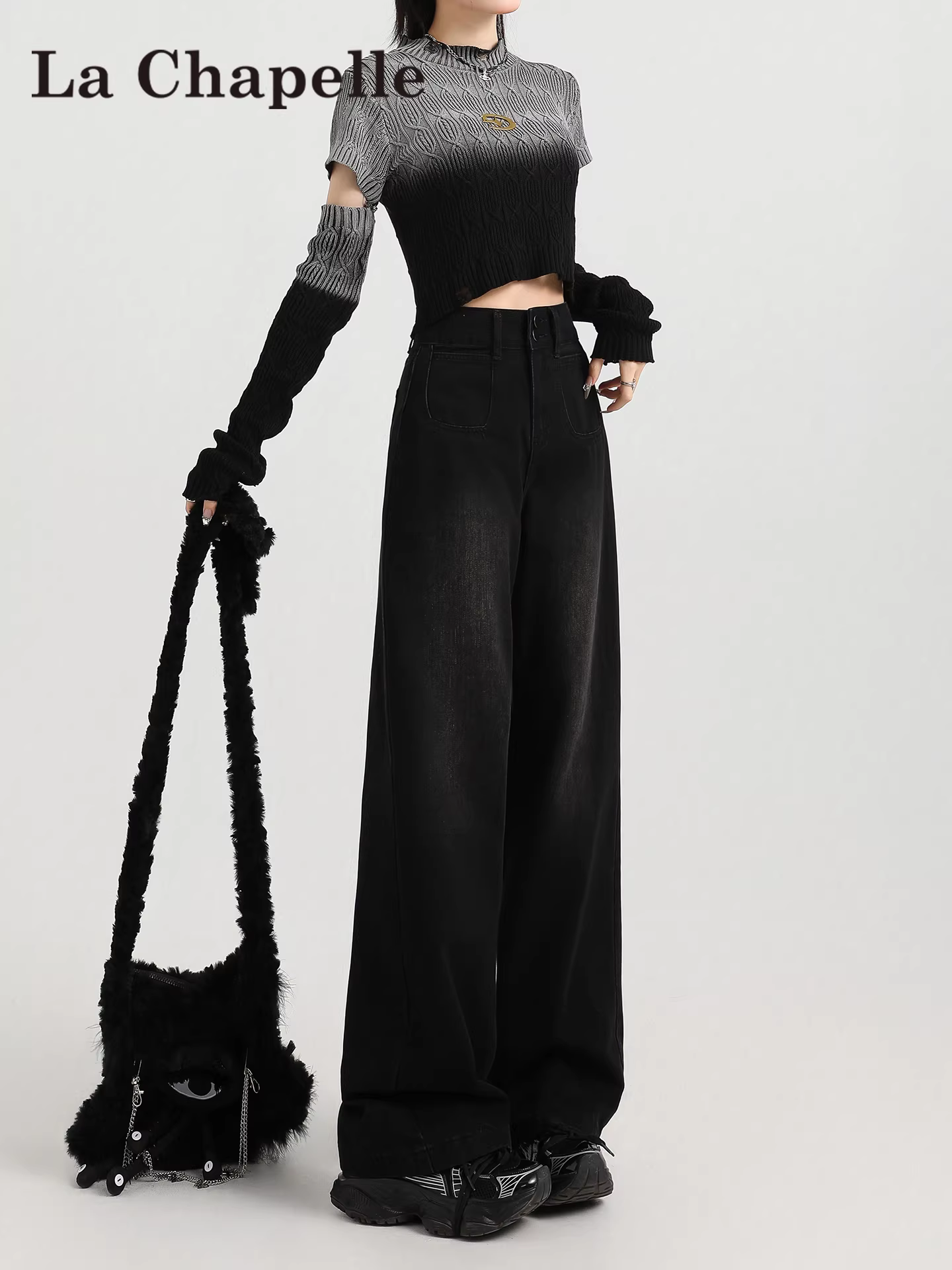 Quần jeans đen dáng rộng kiểu Mỹ La Chapelle dành cho nữ, mẫu mới thu đông 2025, cạp cao, phong cách retro, dáng thẳng rộng