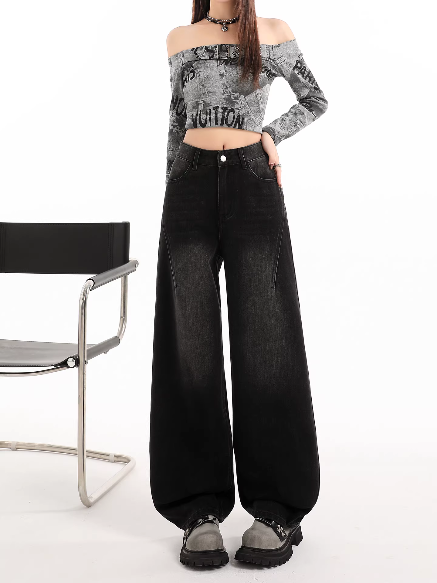 Quần jeans ống rộng dày dặn lót lông cừu đen La Chapelle dành cho nữ, thu đông 2025, kiểu dáng mới, cạp cao, tôn dáng, thẳng.