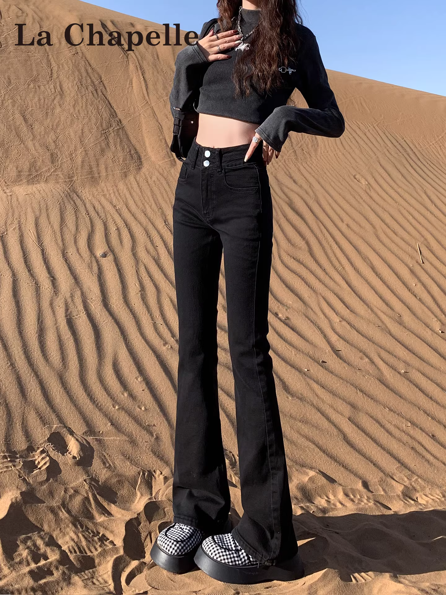 Quần jeans nữ La Chapelle lót lông cừu đen dày dặn, dáng loe, kiểu mới thu đông 2025, cạp cao, ôm dáng, ống chuông