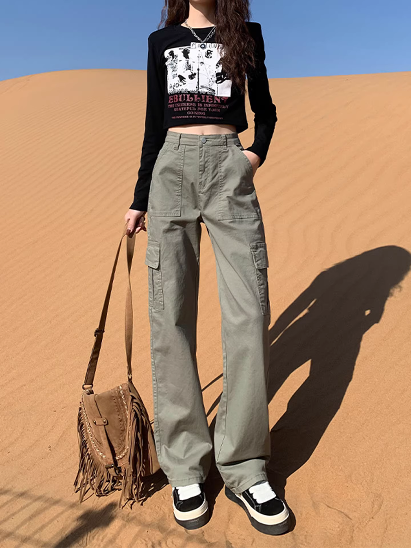 Quần cargo ống rộng lót lông cừu xanh La Chapelle dành cho nữ, kiểu dáng mới thu đông 2025, cạp cao, phong cách Mỹ, dáng thẳng