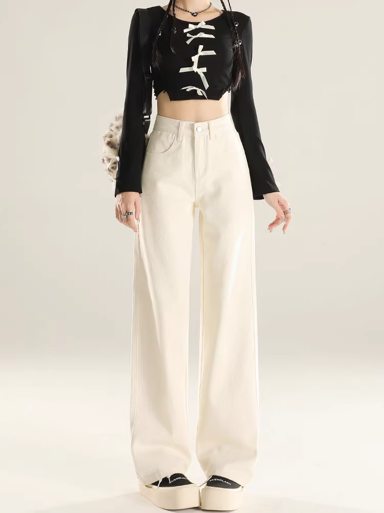 Quần jeans ống rộng lót lông cừu La Chapelle dành cho nữ, mùa thu đông 2025, kiểu dáng mới, cạp cao, dáng rộng, thẳng.