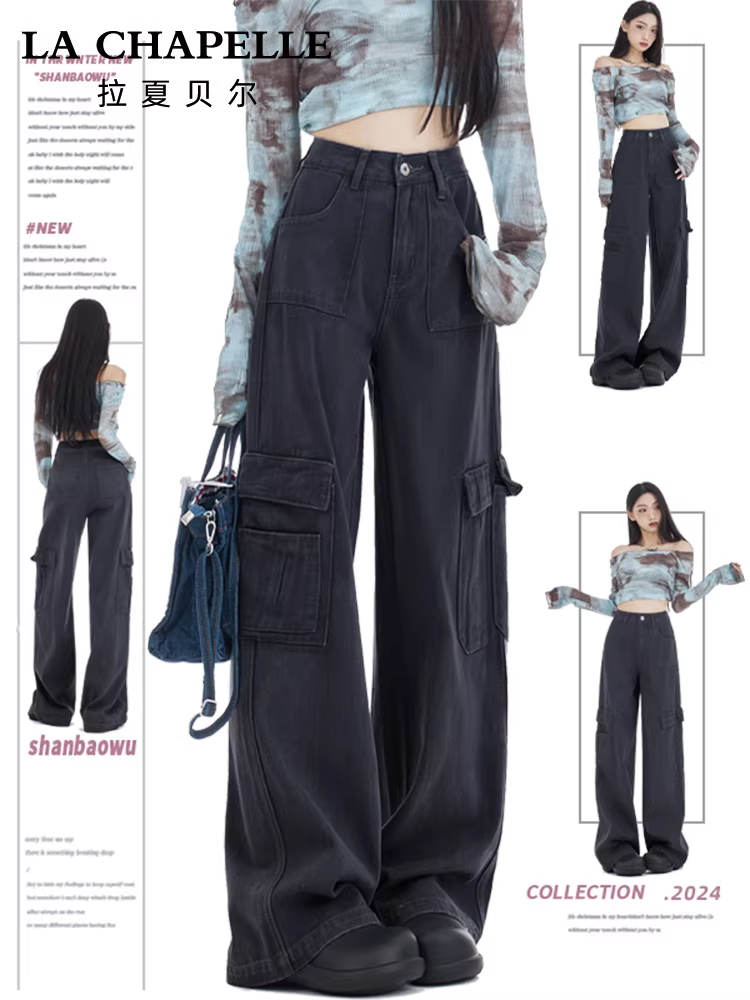 Quần cargo denim kiểu Mỹ La Chapelle dành cho nữ, thu đông 2025, kiểu mới, cạp cao, màu xám xi măng, lót lông, dáng rộng, ống rộng