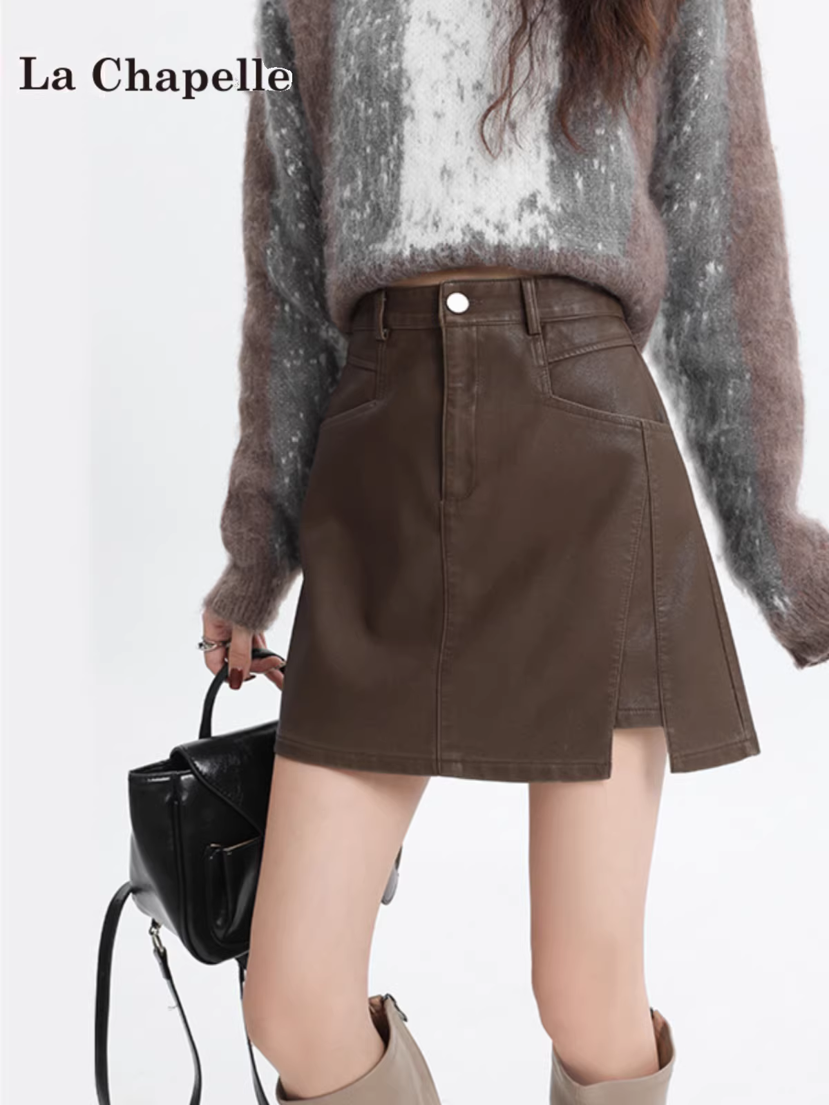 Váy bút chì da PU La Chapelle dành cho nữ, mùa thu đông 2025, kiểu dáng mới, cạp cao, tôn dáng, dáng chữ A, ngắn.