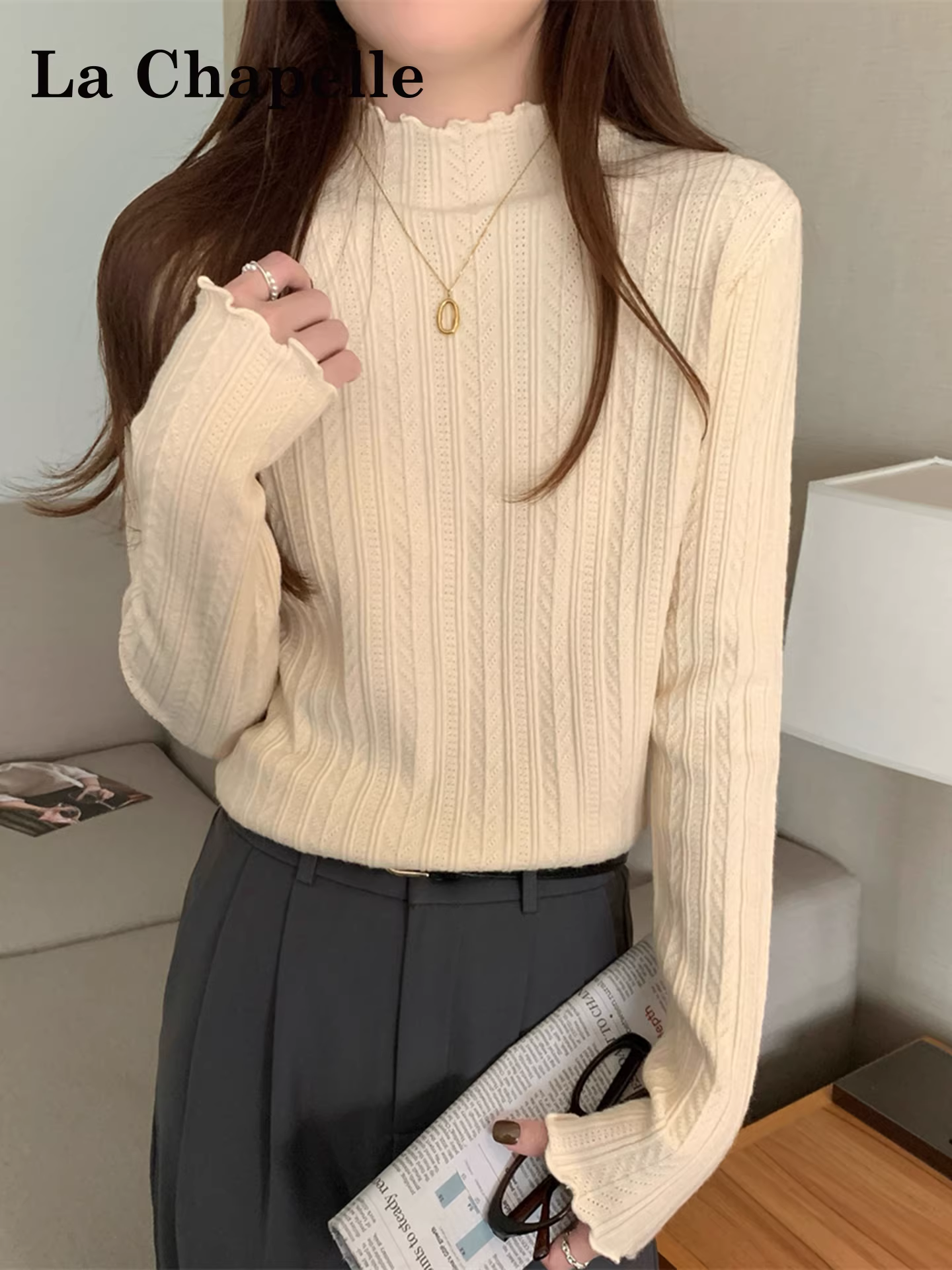 Áo len dệt kim dài tay cổ lọ nửa cao La Chapelle dành cho nữ, kiểu dáng thu đông mới 2025, áo lót nhỏ gọn.