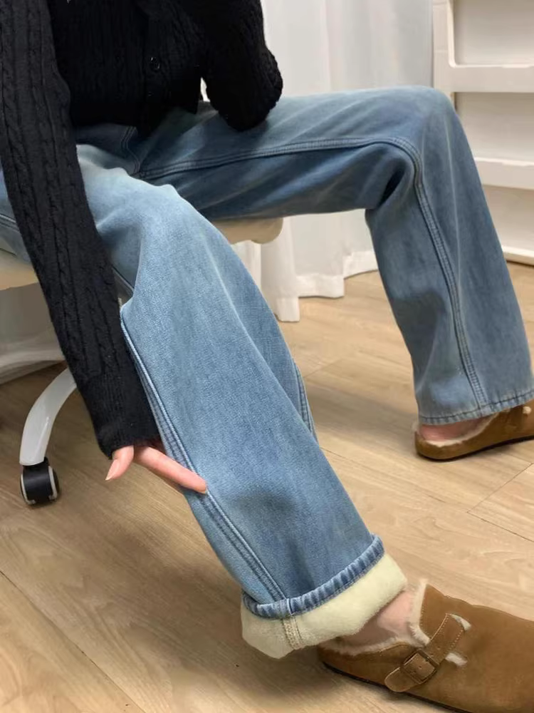 Quần jeans rộng ống rộng màu sáng La Chapelle dành cho nữ, mẫu mới hè 2025, cạp cao, chất liệu mềm mại, lót lông cừu, dáng thẳng