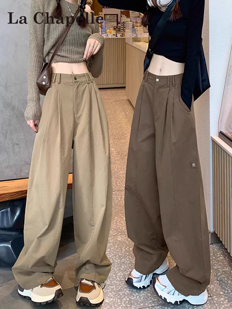 Quần cargo ống rộng màu kaki La Chapelle dành cho nữ, mẫu mới thu đông 2025, siêu hot, màu cà phê, chất liệu Melard
