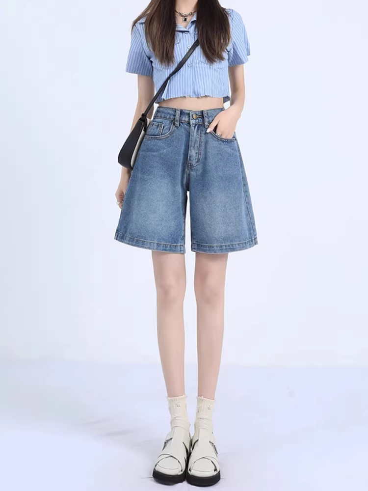 Quần short denim xanh La Chapelle dành cho nữ, mùa hè 2025, kiểu dáng mới, cạp cao, rộng rãi, dáng chữ A, thẳng.