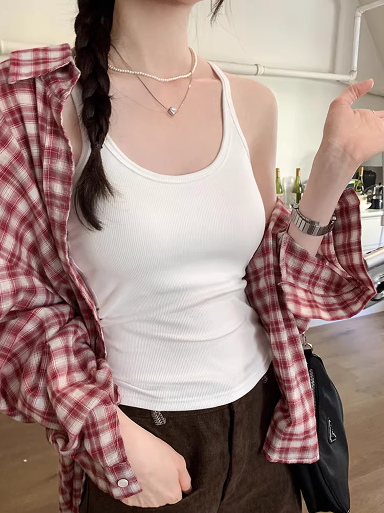 Áo camisole nữ màu cà phê La Chapelle, kiểu dáng mới mùa thu 2025, có mút ngực, thích hợp mặc lớp hoặc mặc đơn.