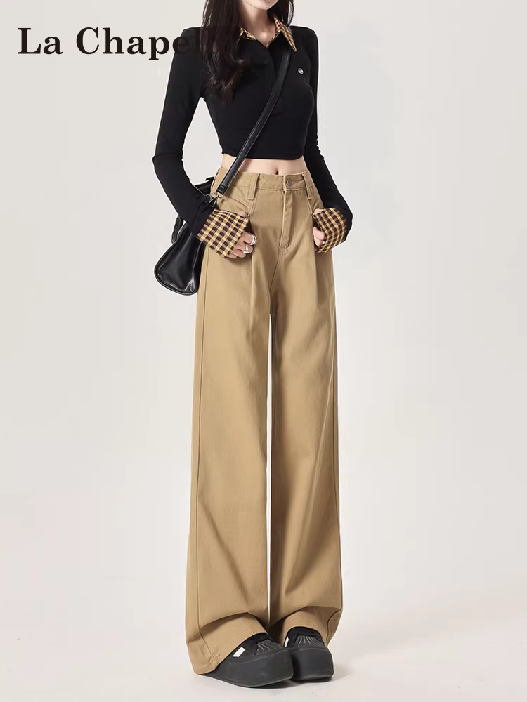 Quần jeans ống rộng màu kaki La Chapelle dành cho nữ, mẫu mới thu 2025, dáng nhỏ nhắn, cạp cao, chất liệu mềm mại, ống thẳng