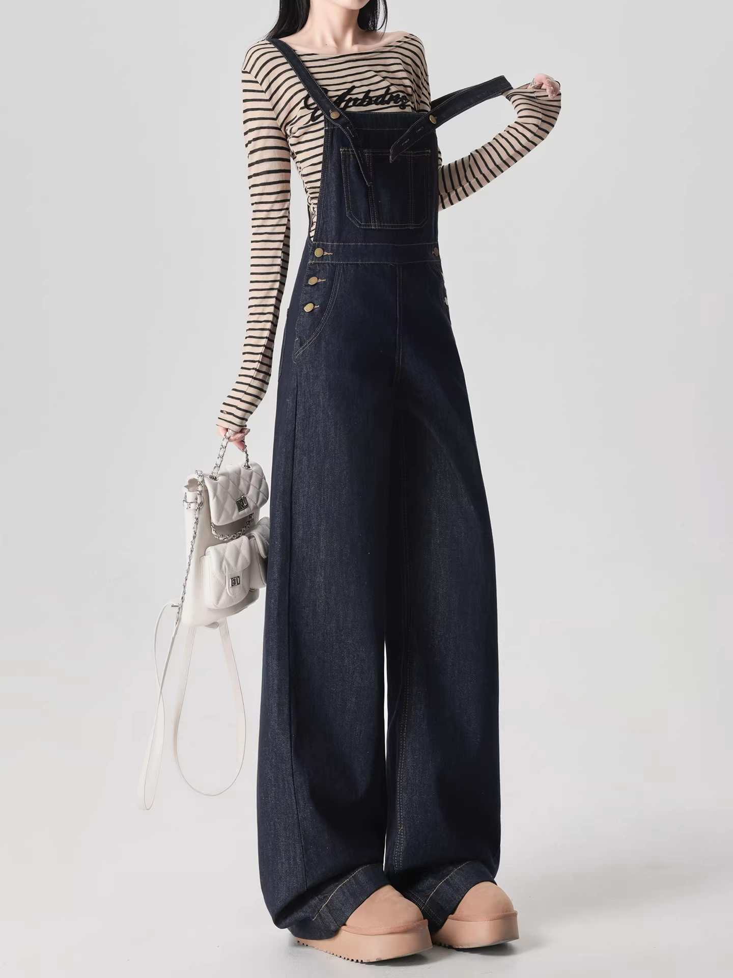 Quần yếm ống rộng kiểu Mỹ La Chapelle dành cho nữ, mẫu mới thu đông 2025, cạp cao, dáng rộng