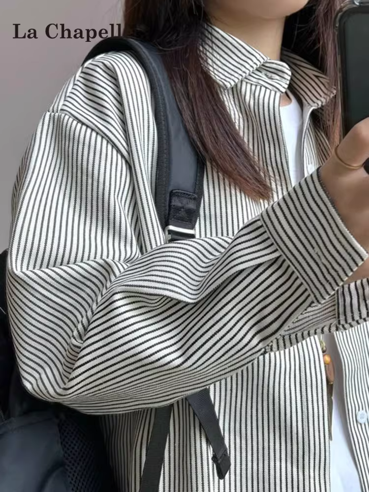 Áo sơ mi dài tay kẻ sọc La Chapelle dành cho nữ, mẫu mới xuân thu 2025, kiểu dáng rộng rãi, thiết kế thời trang, kiểu cardigan.