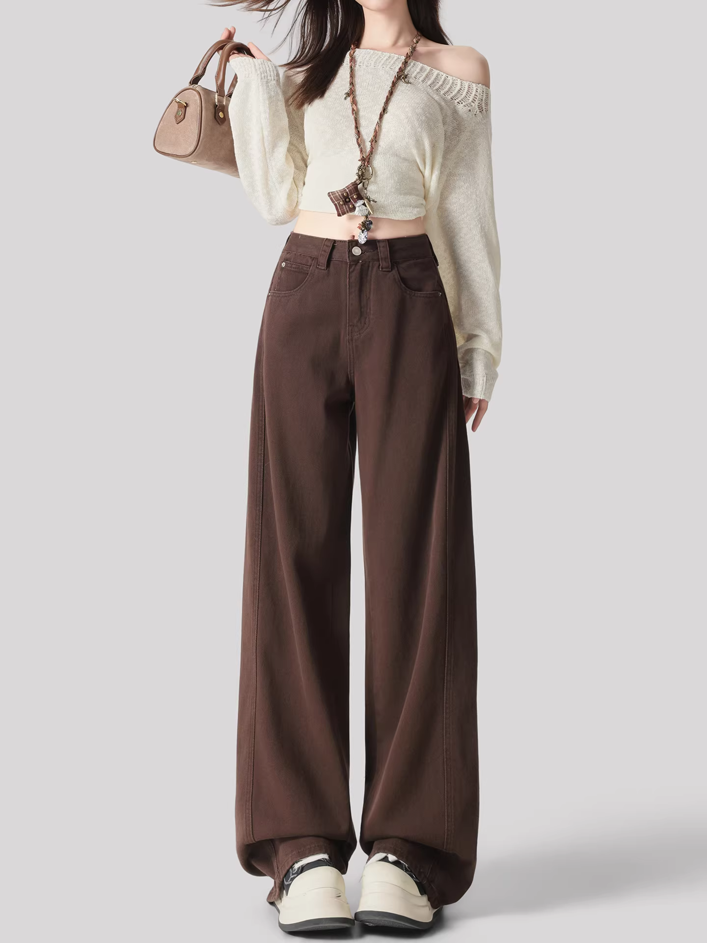 Quần jeans ống rộng màu cà phê La Chapelle dành cho nữ, thu đông 2025, kiểu dáng mới, cạp cao, dáng thẳng, size nhỏ nhắn