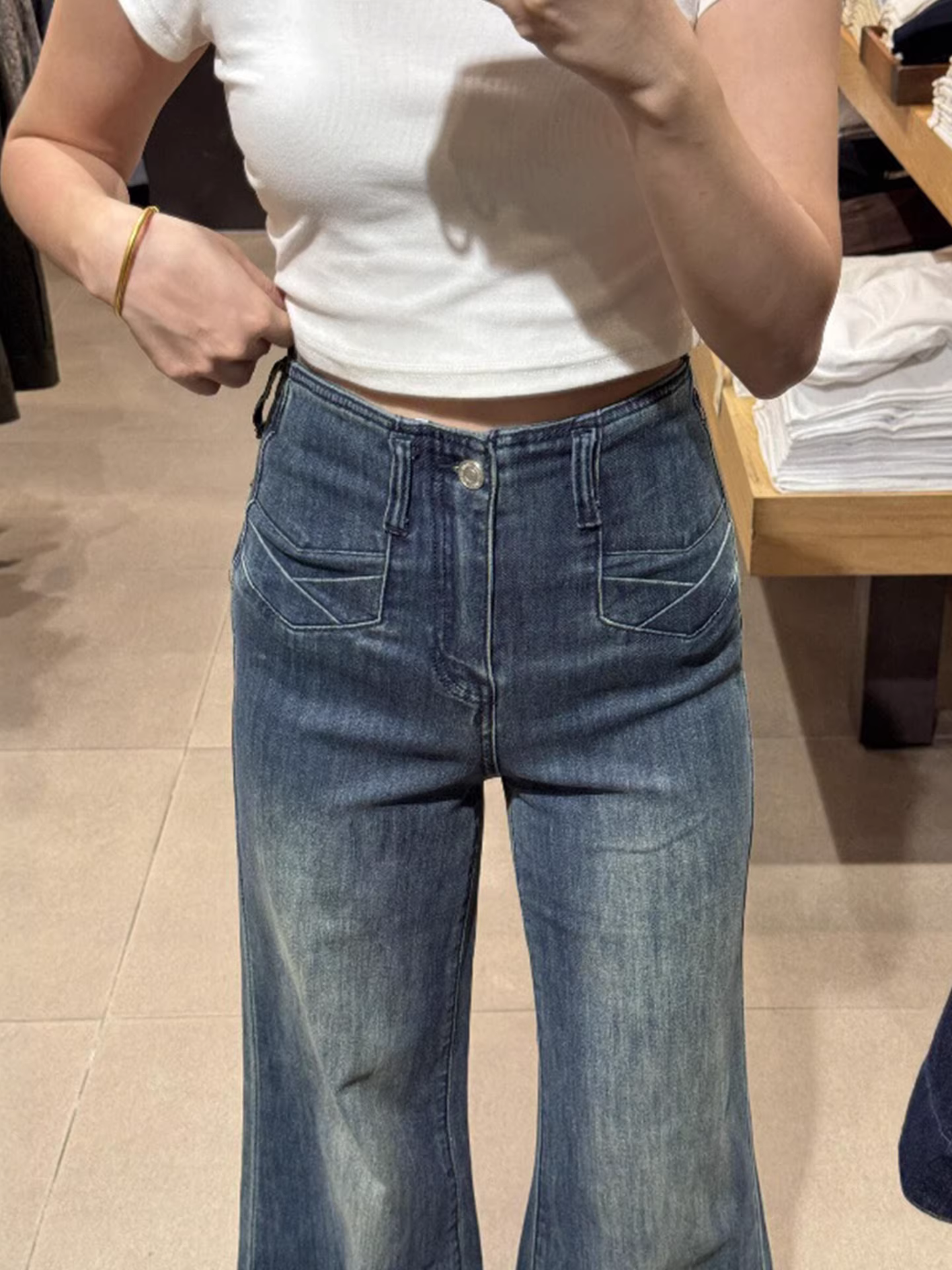 Quần jeans ống loe dày dặn lót lông cừu La Chapelle dành cho nữ, mẫu mới thu đông 2025, không bó sát