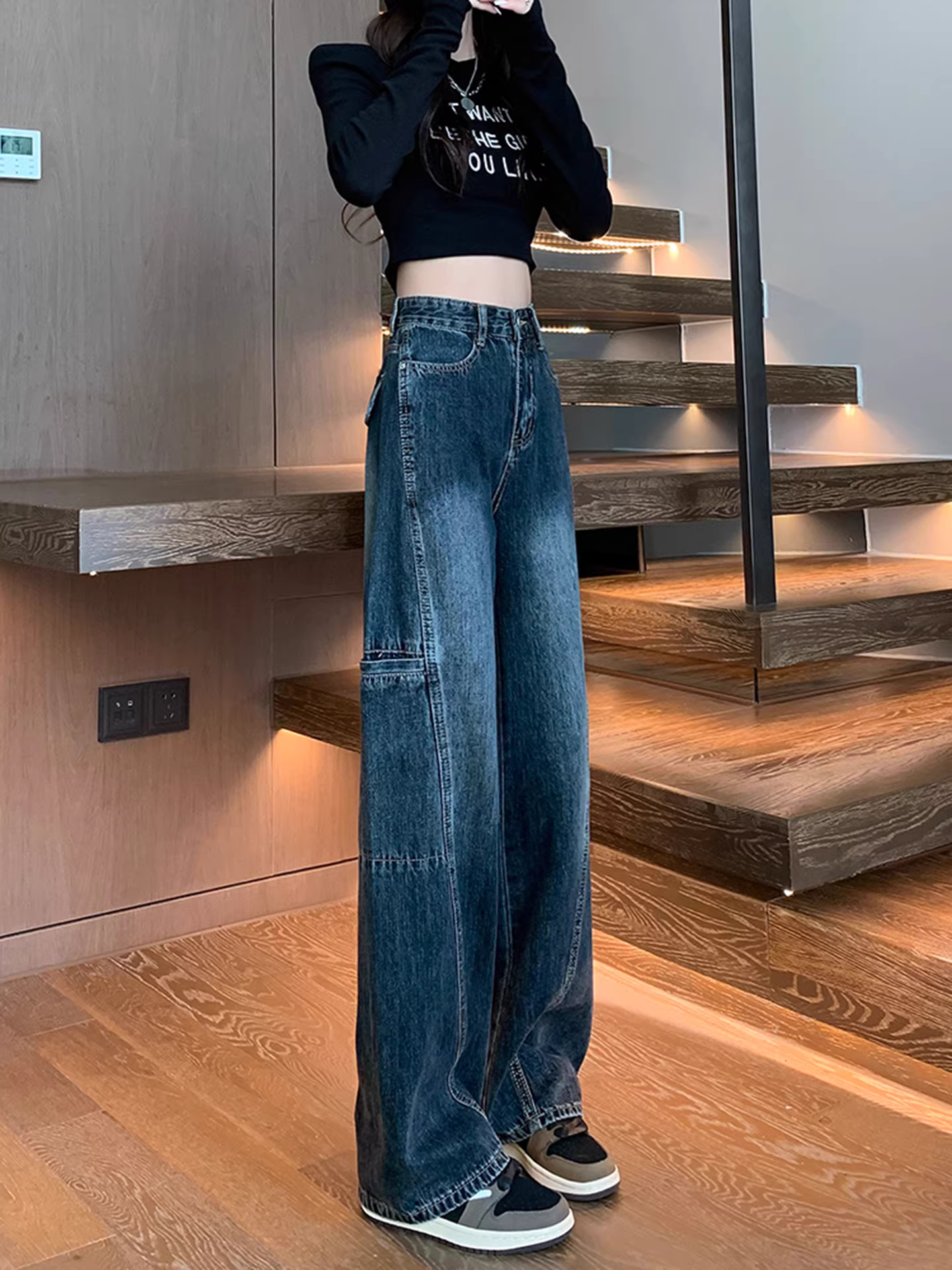 Quần jeans kiểu Mỹ cổ điển La Chapelle dành cho nữ, mùa thu đông 2025, kiểu dáng mới, cạp cao, ôm dáng, ống rộng, thẳng.