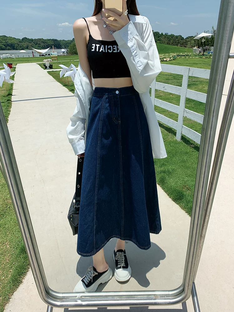 Chân váy denim midi lưng cao La Chapelle dành cho nữ, mẫu mới xuân thu 2025, dáng nhỏ nhắn, dài trung bình, tôn dáng, kiểu dáng chữ A, dáng xòe.
