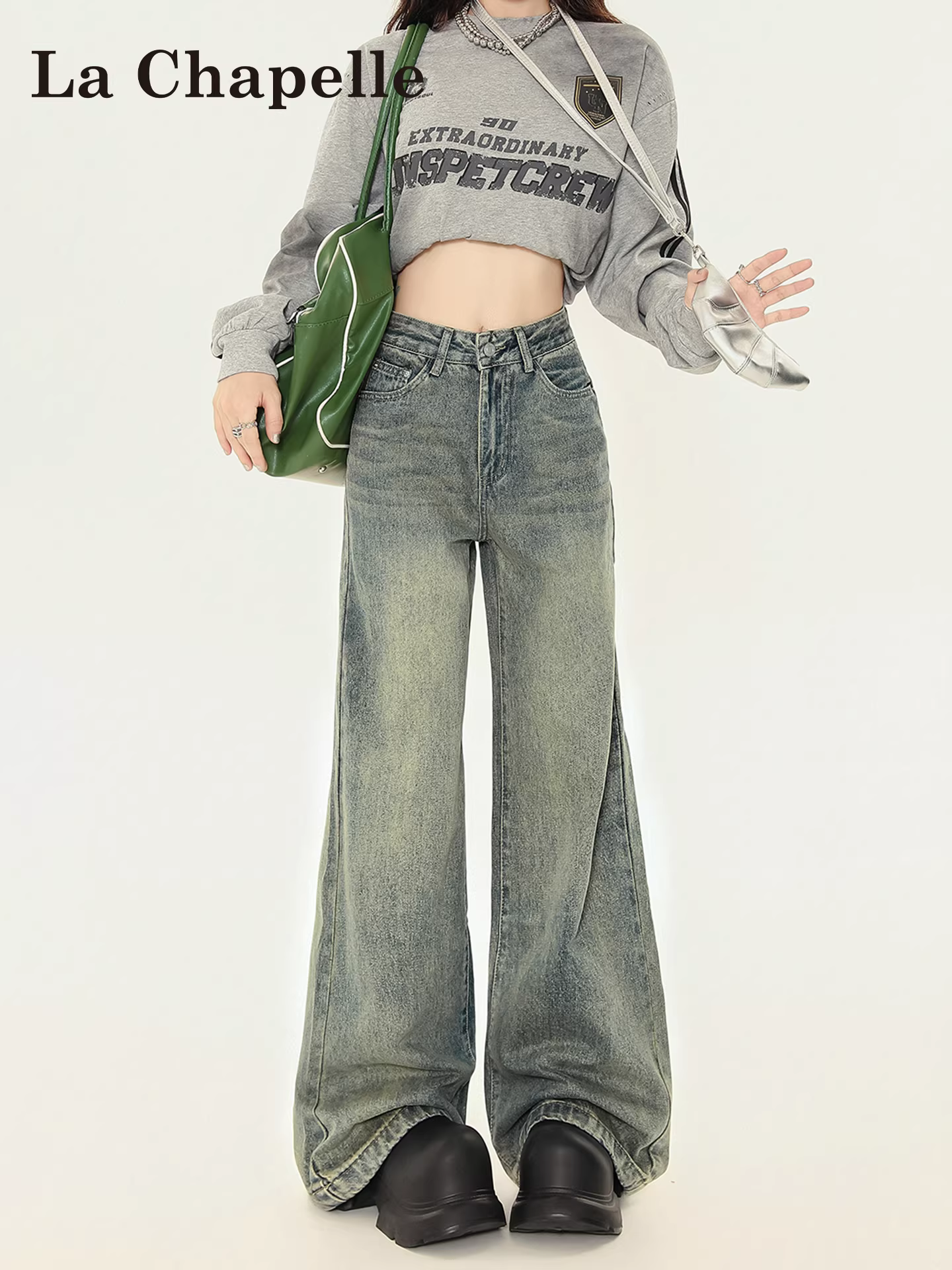 Quần jeans ống loe dày dặn lót lông cừu La Chapelle dành cho nữ, mẫu mới thu đông 2025, cạp cao, tôn dáng