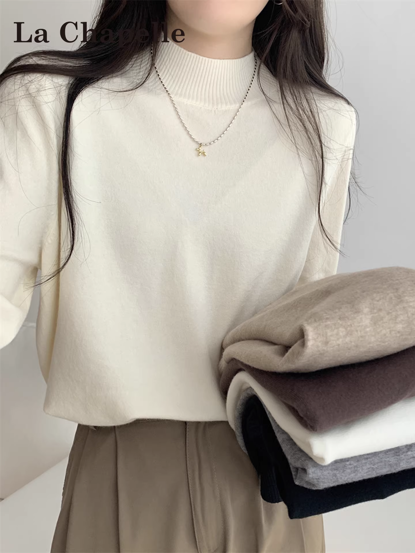 Áo len dệt kim dài tay cổ nửa cao màu trắng La Chapelle dành cho nữ 2025 mới mùa thu đông áo lót rộng rãi