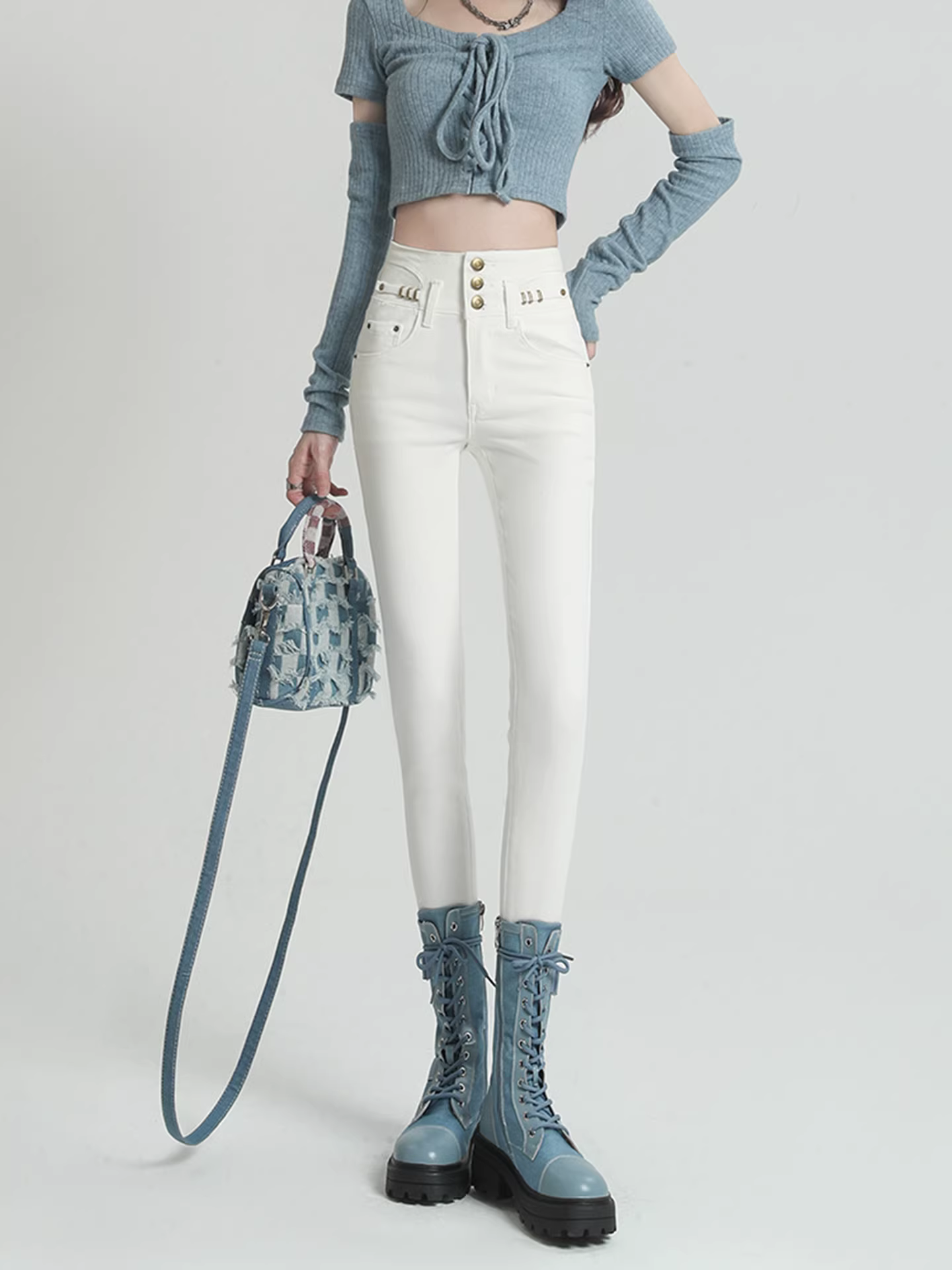 Quần jeans trắng kiểu Mỹ dáng ôm La Chapelle dành cho nữ, mẫu mới thu đông 2025, cạp cao, ôm dáng, kiểu bút chì