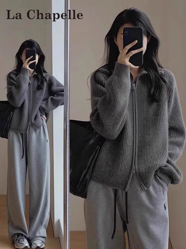 Áo cardigan len cao cổ màu xám La Chapelle dành cho nữ, kiểu mới thu đông 2025, áo khoác len kiểu lười có khóa kéo