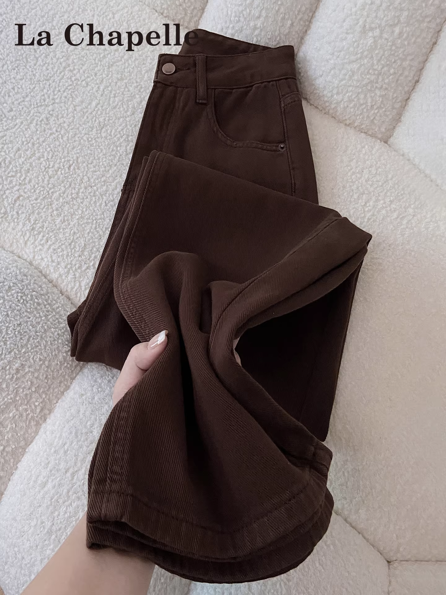 Quần jeans ống rộng lót lông nâu La Chapelle dành cho nữ, thu đông 2025, kiểu dáng mới, cạp cao, dáng thẳng, size nhỏ