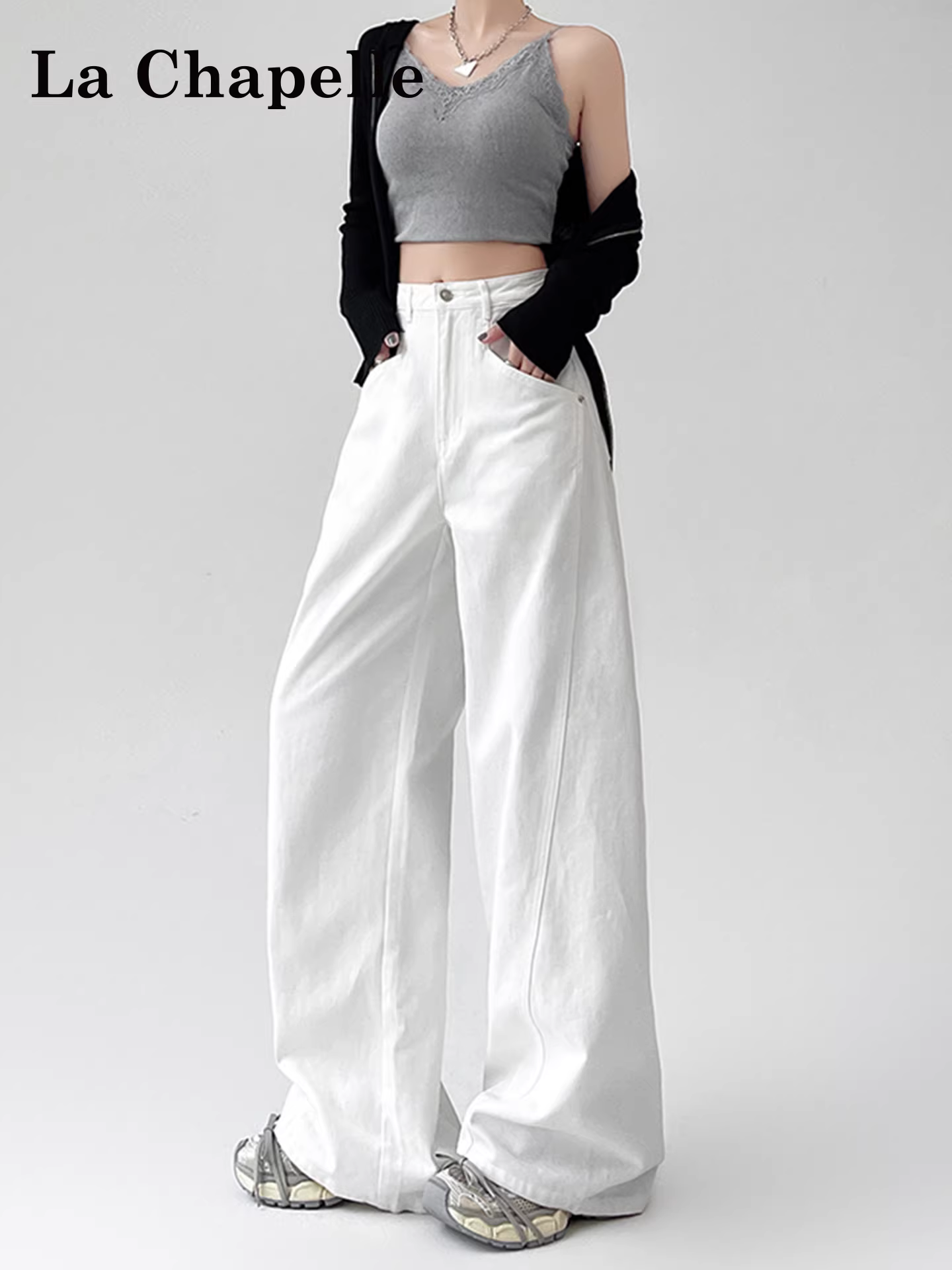 Quần jeans ống rộng lót lông trắng La Chapelle dành cho nữ, mẫu mới thu đông 2025, cạp cao, dáng rộng, thẳng