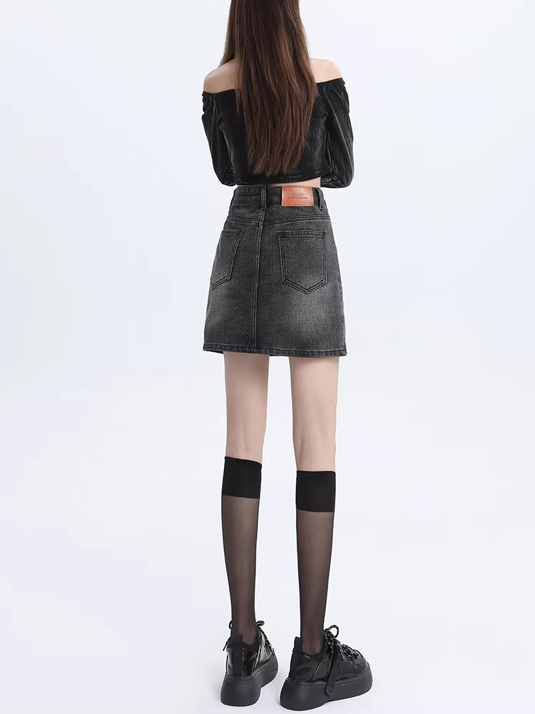 Váy ngắn denim lưng cao La Chapelle dành cho nữ, kiểu mới hè 2025, váy chữ A chống lộ dành cho các cô gái nhỏ nhắn.