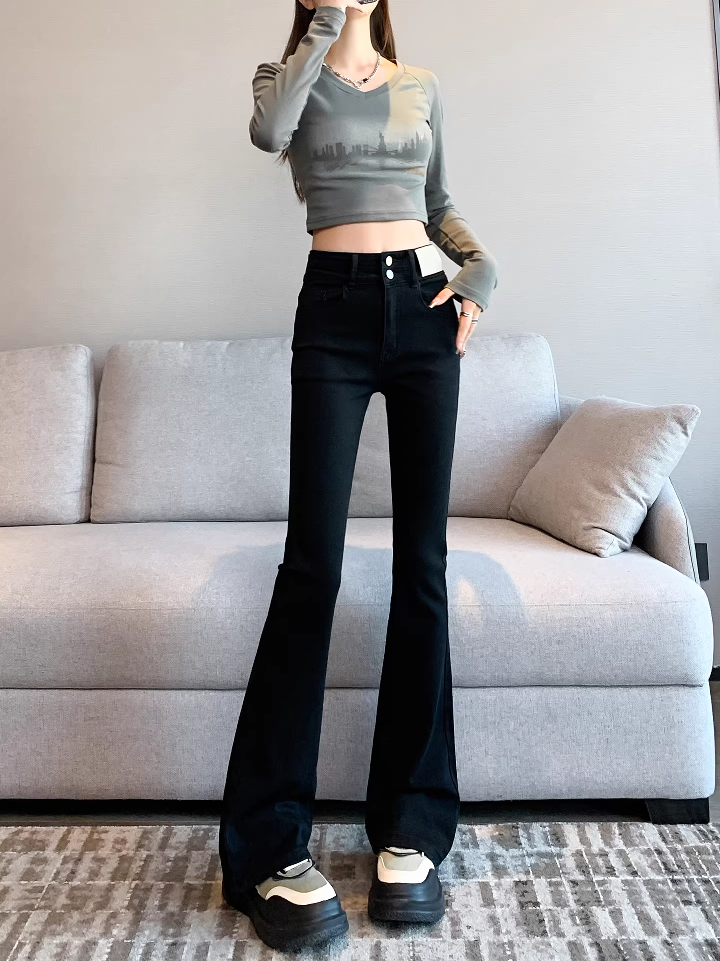 Quần jeans ống loe dày dặn lót lông phong cách retro Mỹ La Chapelle dành cho nữ, mẫu mới thu đông 2025, cạp cao