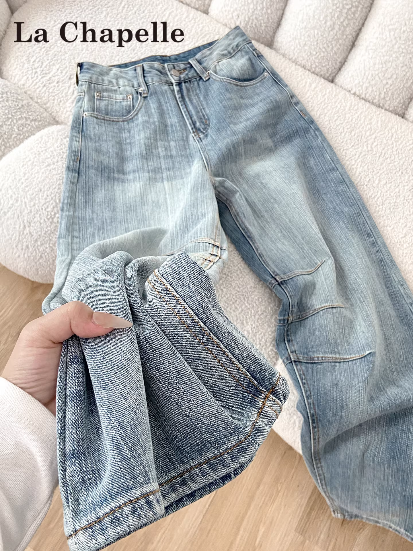 Quần jeans ống rộng họa tiết tre màu sáng La Chapelle dành cho nữ, mẫu mới thu đông 2025, cạp cao, dáng thẳng, size nhỏ nhắn