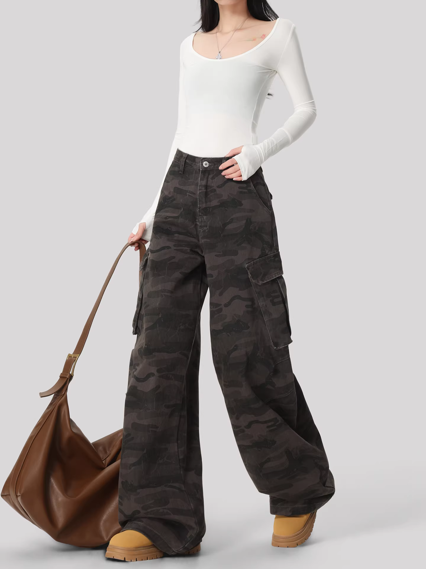 Quần jeans cargo ống rộng kiểu Mỹ La Chapelle dành cho nữ, mẫu mới thu đông 2025, cạp cao, dáng rộng, thẳng